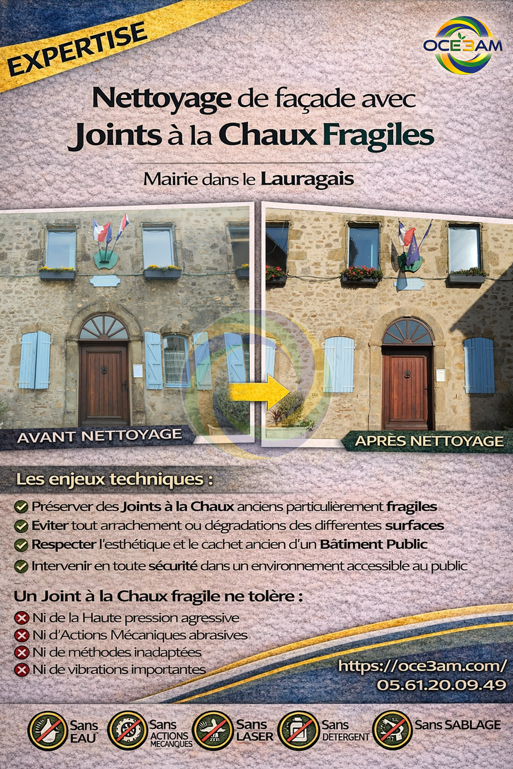 OCE3AM – Nettoyage de façade de Mairie avec Joints à la Chaux Fragiles